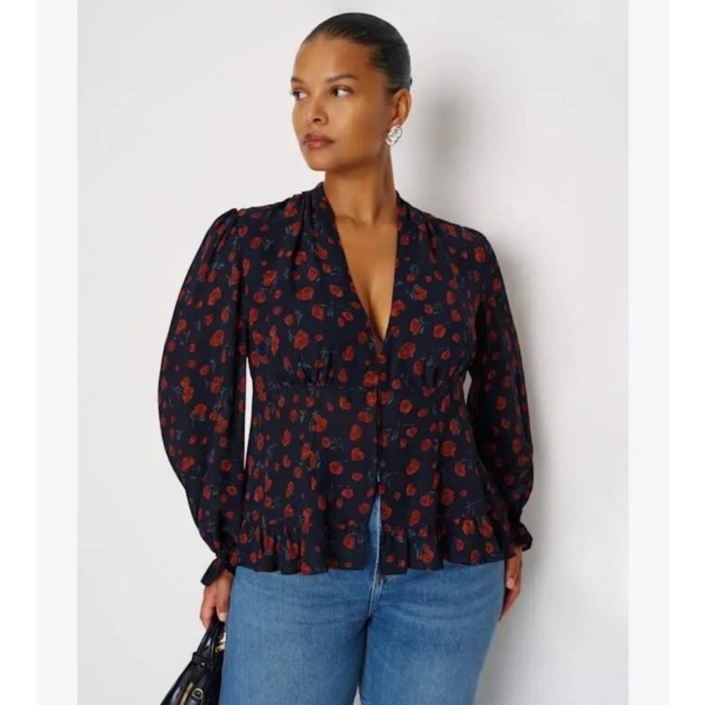 NEW Reformation x Nara Smith Rose-Print Woven Blouse 20 Maple Cream ES
